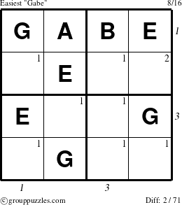 The grouppuzzles.com Easiest Gabe puzzle for , suitable for printing, with all 2 steps marked