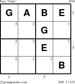 The grouppuzzles.com Easy Gabe puzzle for  with all 3 steps marked