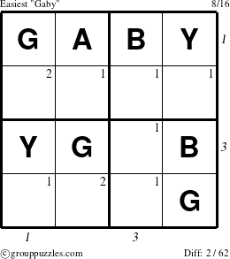 The grouppuzzles.com Easiest Gaby puzzle for , suitable for printing, with all 2 steps marked