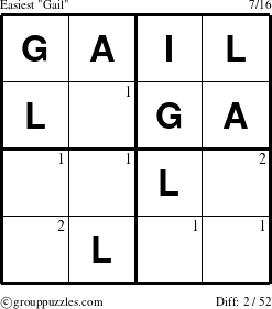 The grouppuzzles.com Easiest Gail puzzle for  with the first 2 steps marked