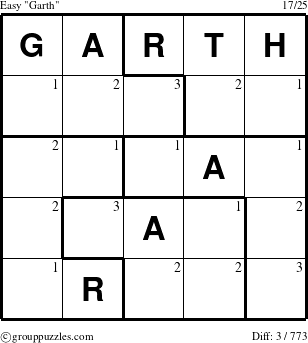 The grouppuzzles.com Easy Garth puzzle for  with the first 3 steps marked