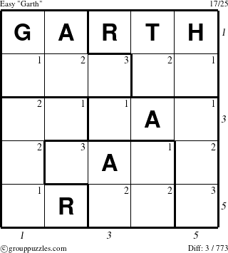 The grouppuzzles.com Easy Garth puzzle for , suitable for printing, with all 3 steps marked