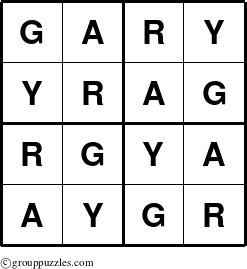The grouppuzzles.com Answer grid for the Gary puzzle for 