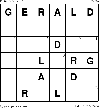 The grouppuzzles.com Difficult Gerald puzzle for  with the first 3 steps marked