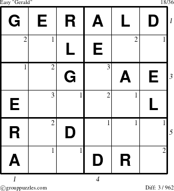 The grouppuzzles.com Easy Gerald puzzle for  with all 3 steps marked