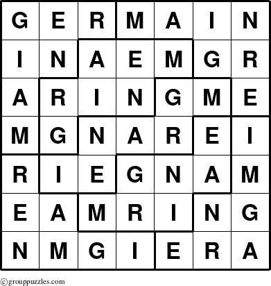 The grouppuzzles.com Answer grid for the Germain puzzle for 