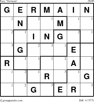 The grouppuzzles.com Easy Germain puzzle for  with the first 3 steps marked