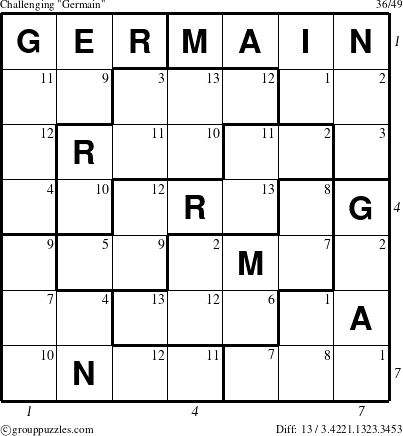 The grouppuzzles.com Challenging Germain puzzle for , suitable for printing, with all 13 steps marked