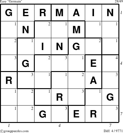 The grouppuzzles.com Easy Germain puzzle for , suitable for printing, with all 4 steps marked