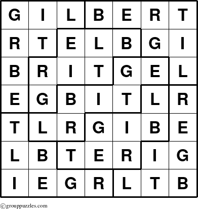 The grouppuzzles.com Answer grid for the Gilbert puzzle for 