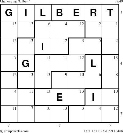 The grouppuzzles.com Challenging Gilbert puzzle for , suitable for printing, with all 13 steps marked