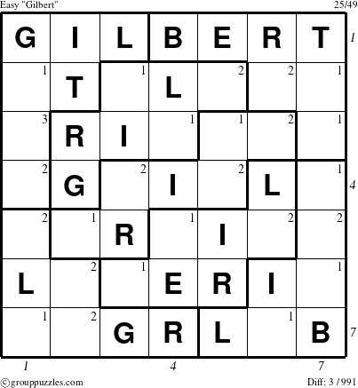 The grouppuzzles.com Easy Gilbert puzzle for , suitable for printing, with all 3 steps marked