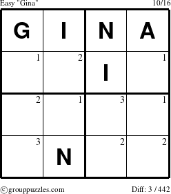 The grouppuzzles.com Easy Gina puzzle for  with the first 3 steps marked