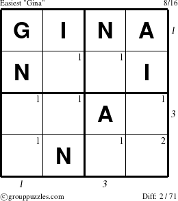 The grouppuzzles.com Easiest Gina puzzle for , suitable for printing, with all 2 steps marked