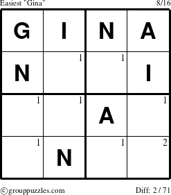 The grouppuzzles.com Easiest Gina puzzle for  with the first 2 steps marked