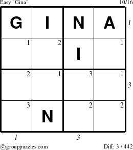 The grouppuzzles.com Easy Gina puzzle for , suitable for printing, with all 3 steps marked