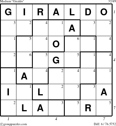 The grouppuzzles.com Medium Giraldo puzzle for , suitable for printing, with all 6 steps marked