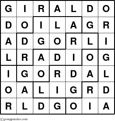 The grouppuzzles.com Answer grid for the Giraldo puzzle for 