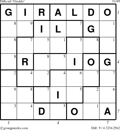 The grouppuzzles.com Difficult Giraldo puzzle for , suitable for printing, with all 9 steps marked