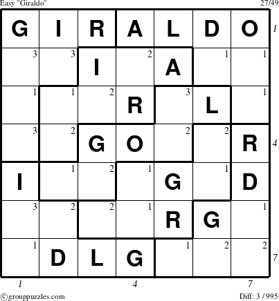 The grouppuzzles.com Easy Giraldo puzzle for , suitable for printing, with all 3 steps marked