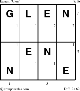 The grouppuzzles.com Easiest Glen puzzle for , suitable for printing, with all 2 steps marked