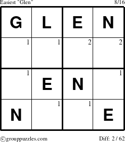 The grouppuzzles.com Easiest Glen puzzle for  with the first 2 steps marked