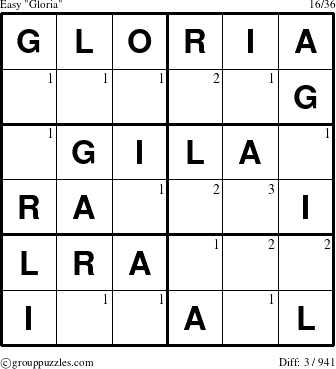 The grouppuzzles.com Easy Gloria puzzle for  with the first 3 steps marked