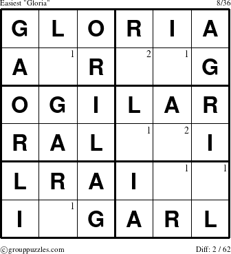 The grouppuzzles.com Easiest Gloria puzzle for  with the first 2 steps marked