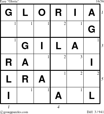 The grouppuzzles.com Easy Gloria puzzle for , suitable for printing, with all 3 steps marked