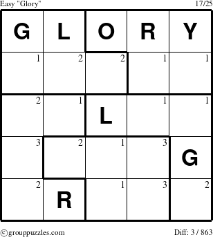 The grouppuzzles.com Easy Glory puzzle for  with the first 3 steps marked