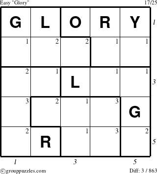 The grouppuzzles.com Easy Glory puzzle for , suitable for printing, with all 3 steps marked