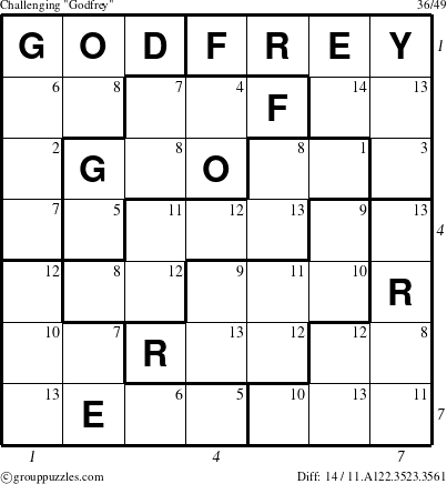 The grouppuzzles.com Challenging Godfrey puzzle for , suitable for printing, with all 14 steps marked