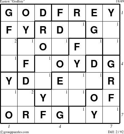 The grouppuzzles.com Easiest Godfrey puzzle for , suitable for printing, with all 2 steps marked