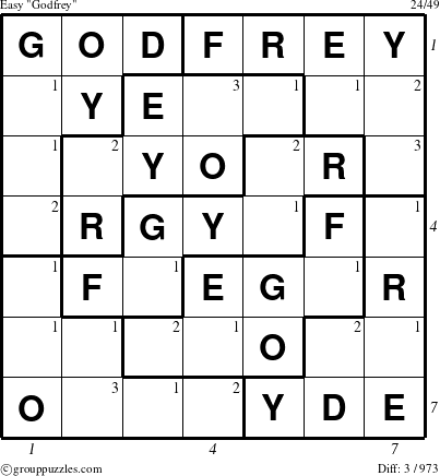 The grouppuzzles.com Easy Godfrey puzzle for , suitable for printing, with all 3 steps marked