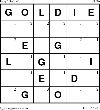 The grouppuzzles.com Easy Goldie puzzle for  with the first 3 steps marked