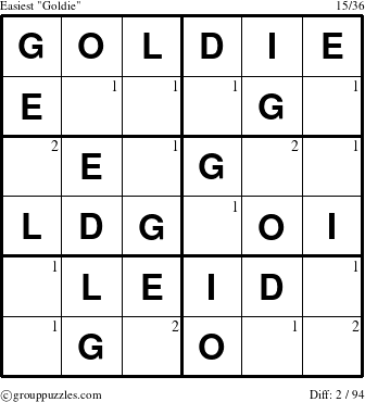 The grouppuzzles.com Easiest Goldie puzzle for  with the first 2 steps marked