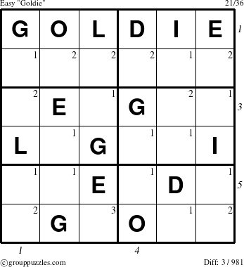 The grouppuzzles.com Easy Goldie puzzle for , suitable for printing, with all 3 steps marked