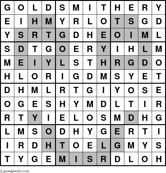 The grouppuzzles.com Answer grid for the Goldsmithery puzzle for 