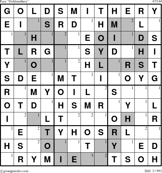 The grouppuzzles.com Easy Goldsmithery puzzle for  with the first 3 steps marked