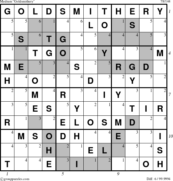 The grouppuzzles.com Medium Goldsmithery puzzle for , suitable for printing, with all 6 steps marked