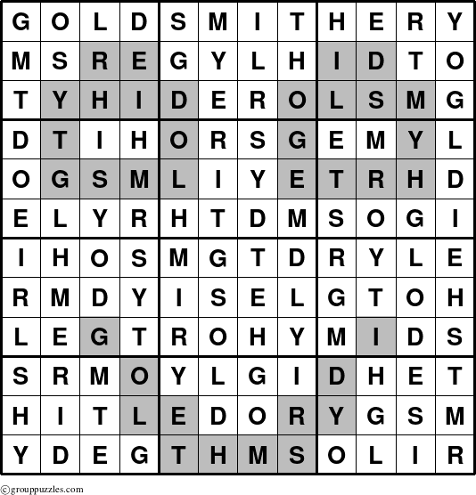 The grouppuzzles.com Answer grid for the Goldsmithery puzzle for 
