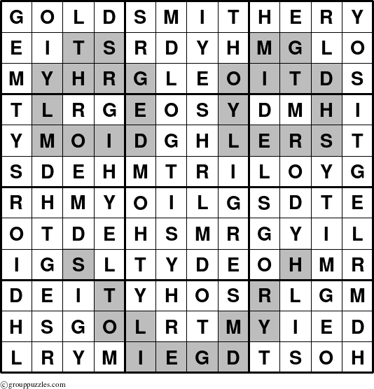 The grouppuzzles.com Answer grid for the Goldsmithery puzzle for 