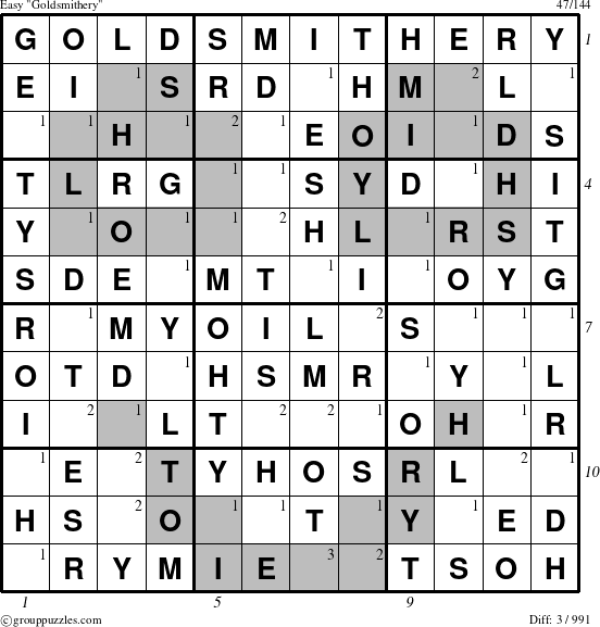 The grouppuzzles.com Easy Goldsmithery puzzle for , suitable for printing, with all 3 steps marked