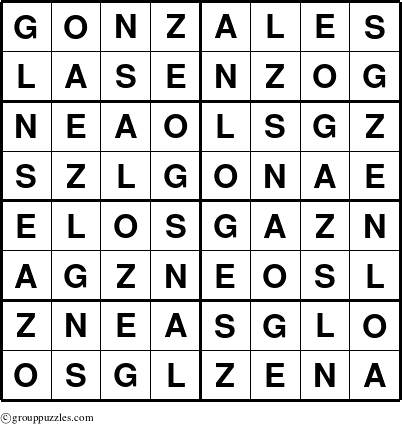 The grouppuzzles.com Answer grid for the Gonzales puzzle for 