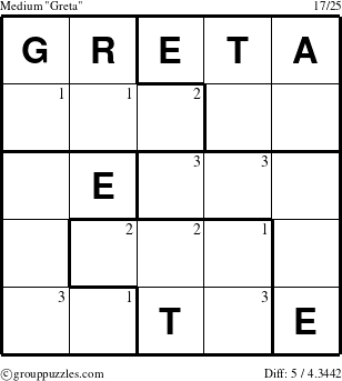 The grouppuzzles.com Medium Greta puzzle for  with the first 3 steps marked