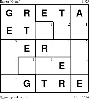 The grouppuzzles.com Easiest Greta puzzle for  with the first 2 steps marked