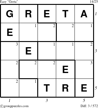 The grouppuzzles.com Easy Greta puzzle for , suitable for printing, with all 3 steps marked