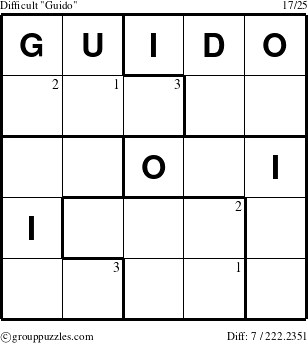The grouppuzzles.com Difficult Guido puzzle for  with the first 3 steps marked