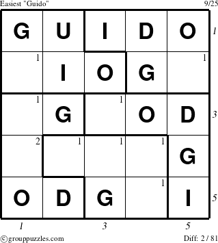 The grouppuzzles.com Easiest Guido puzzle for , suitable for printing, with all 2 steps marked