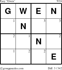 The grouppuzzles.com Easy Gwen puzzle for  with the first 3 steps marked